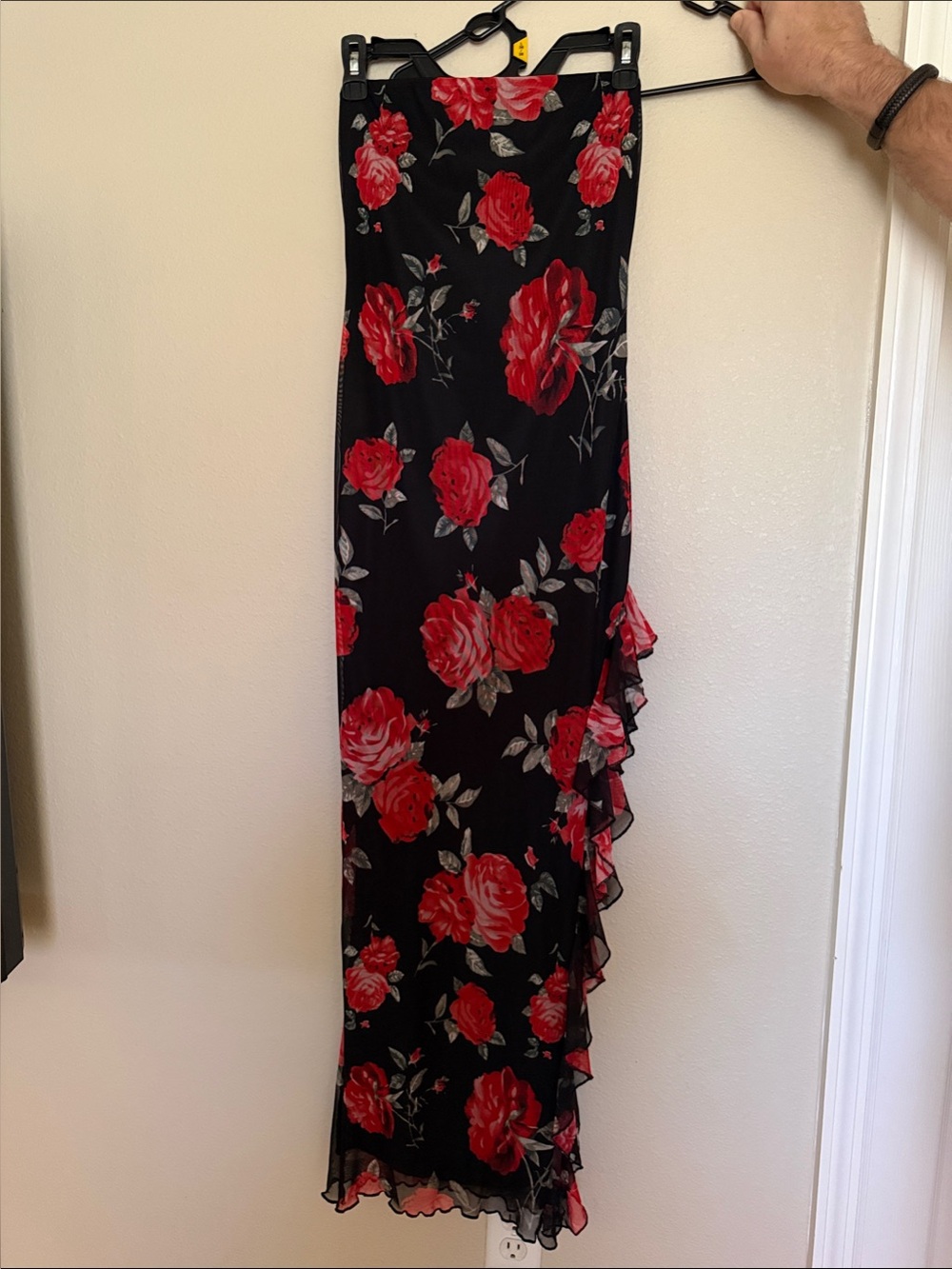 Fashion Nova Black Maxi Dress with Red Floral Print